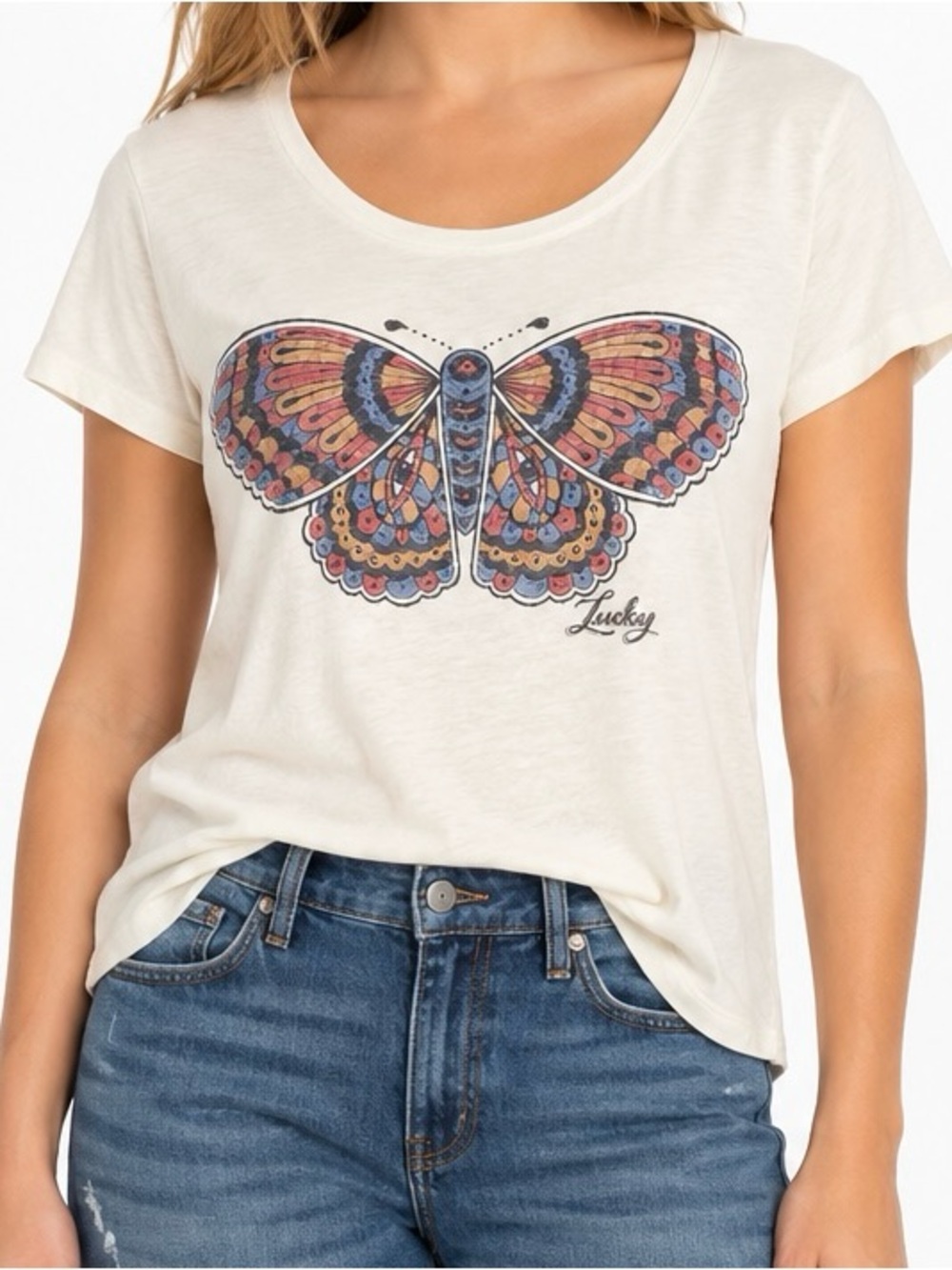 Lucky Brand Butterfly Graphic Tee Marshmallow Boho Scoop Neck Size L